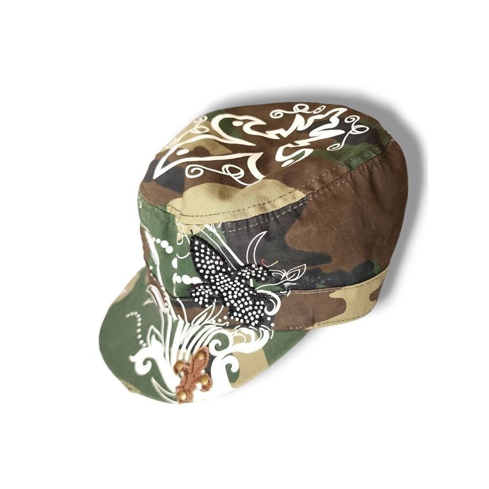 Vintage Y2K Cyber‎ Grunge Western Products Green Camo Rhinestone Cross Army Hat - Picture 2 of 5